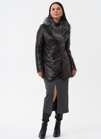 Кожаный пуховик с мехом из чернобурки