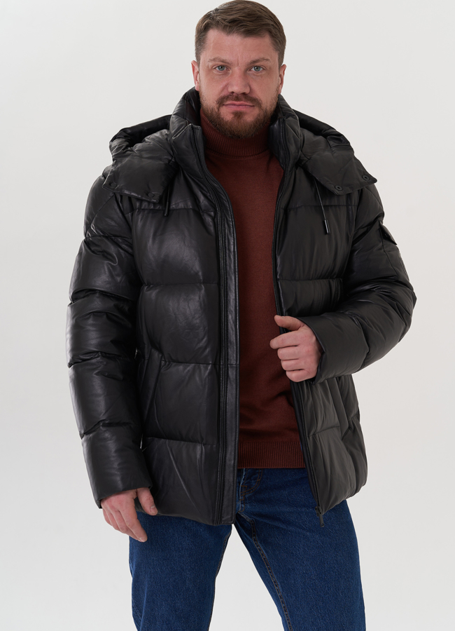 Пуховик из натуральной кожи с капюшоном модель № 25996 универмаг малина