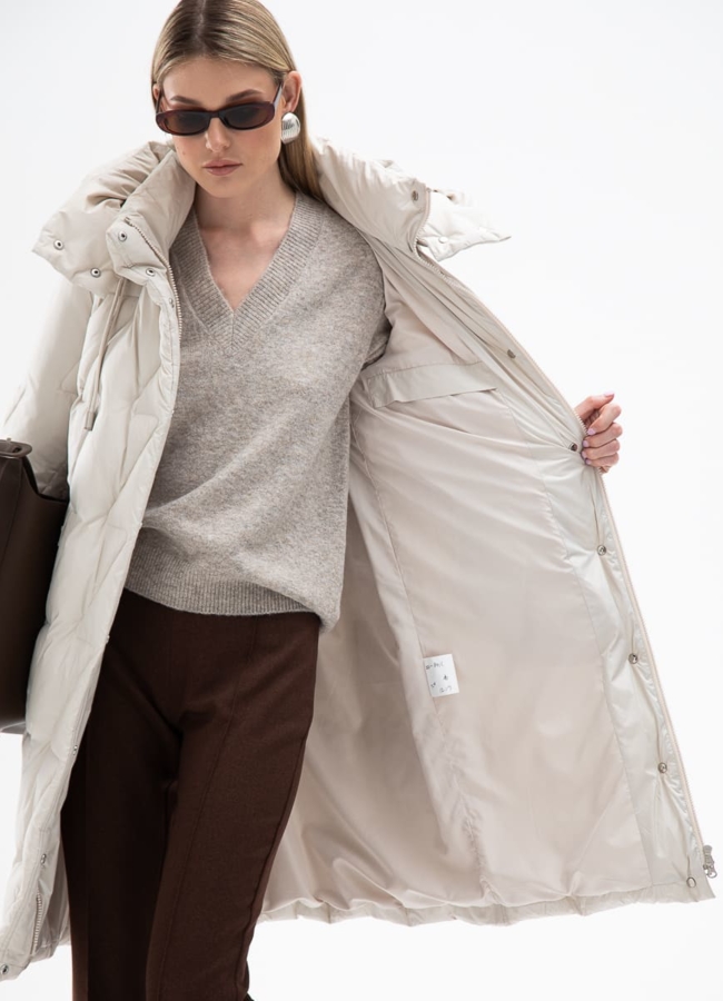 Женский светлый пуховик с поясом модель № 31133 универмаг малина