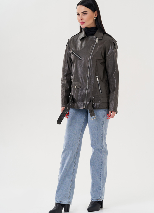 фото Длинная косуха из натуральной кожи серого цвета модель № 24362