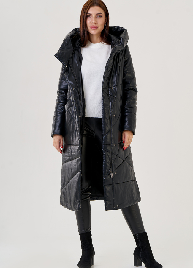 фото Черный длинный пуховик из эко кожи Malina Siberian модель № 79130