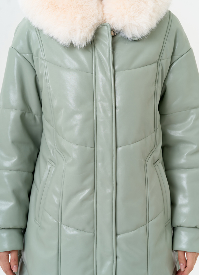 Женский пуховик из эко кожи с отделкой из эко меха модель № 30719 универмаг малина