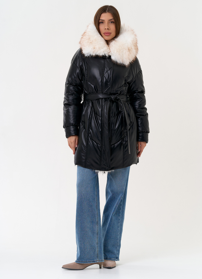 Женский пуховик из эко кожи с отделкой из эко меха модель № 30735 в рассрочку