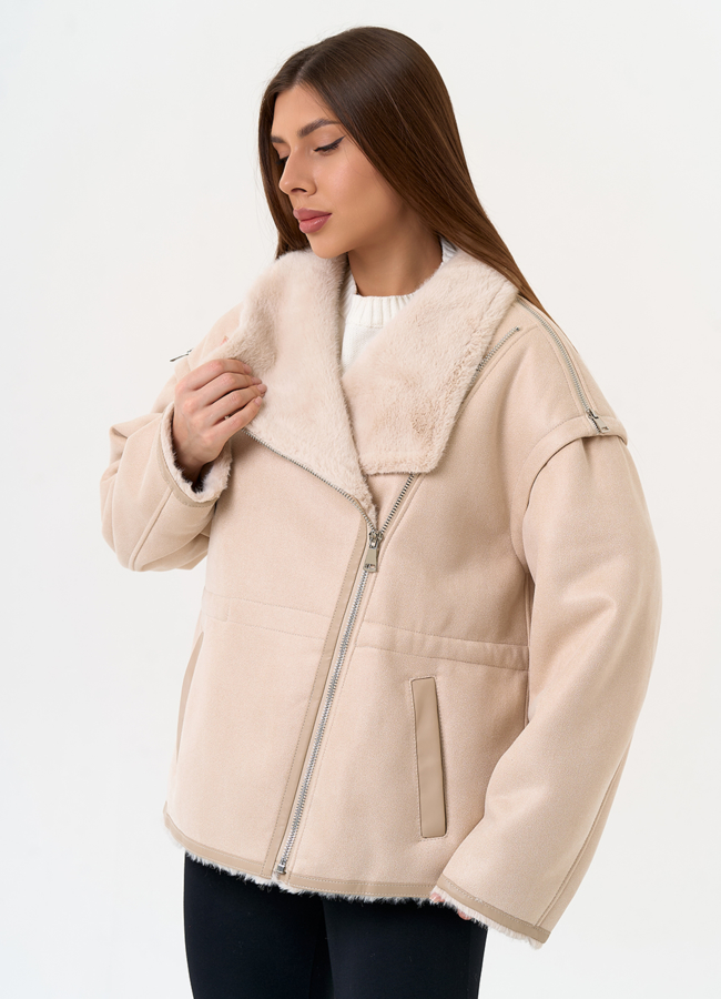 Женская дубленка из эко замши с отложным воротником модель № 31513 в рассрочку