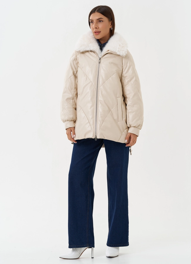 Пуховик из эко кожи с воротником из эко меха модель № 27990 универмаг малина