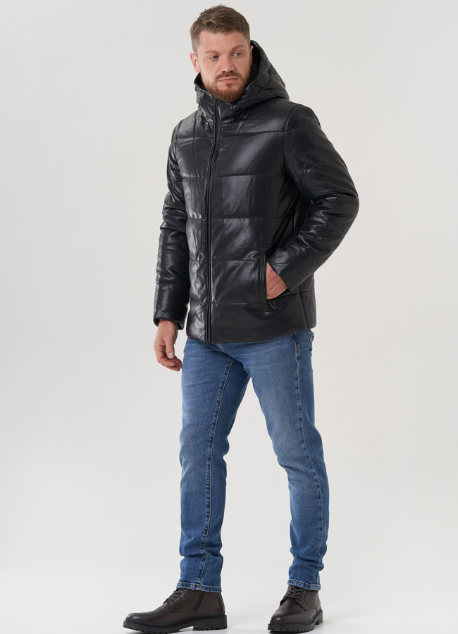 Пуховик мужской из эко кожи с капюшоном  модель № 81843 универмаг малина