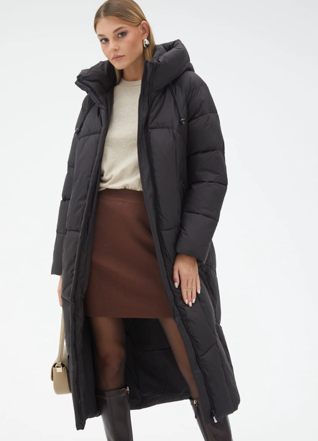 фото Женский пуховик с капюшоном и поясом модель № 31123