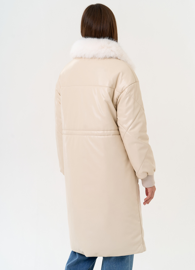 Женский пуховик из эко кожи с воротником из эко меха модель № 30725 в кредит