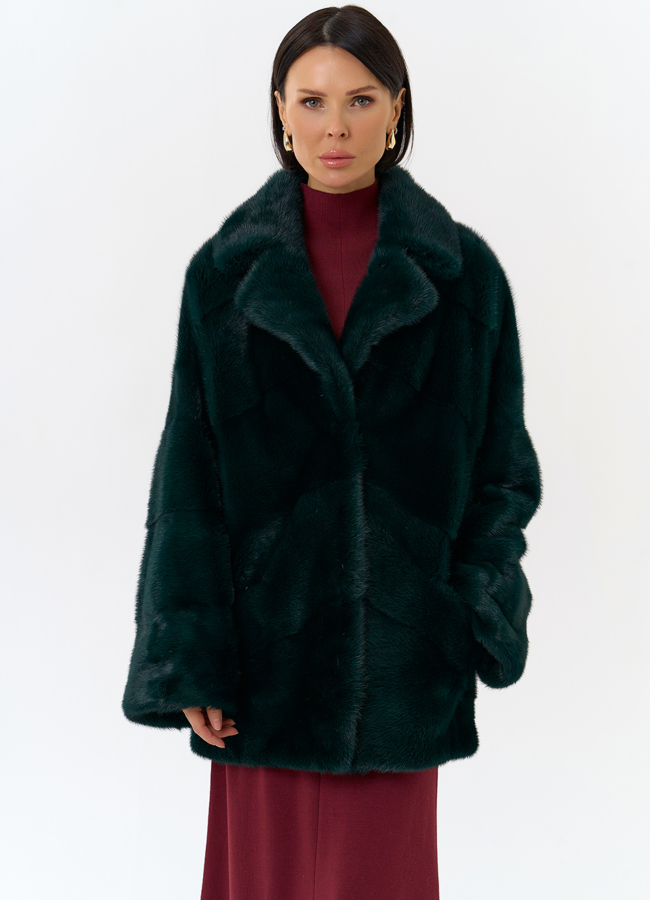 фото Шуба из меха норки с английским воротником в зеленом цвете модель № 31757