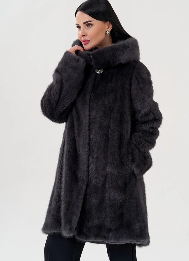 Норковая шуба балетка, в цвете графит с капюшоном модель № 25006 универмаг малина