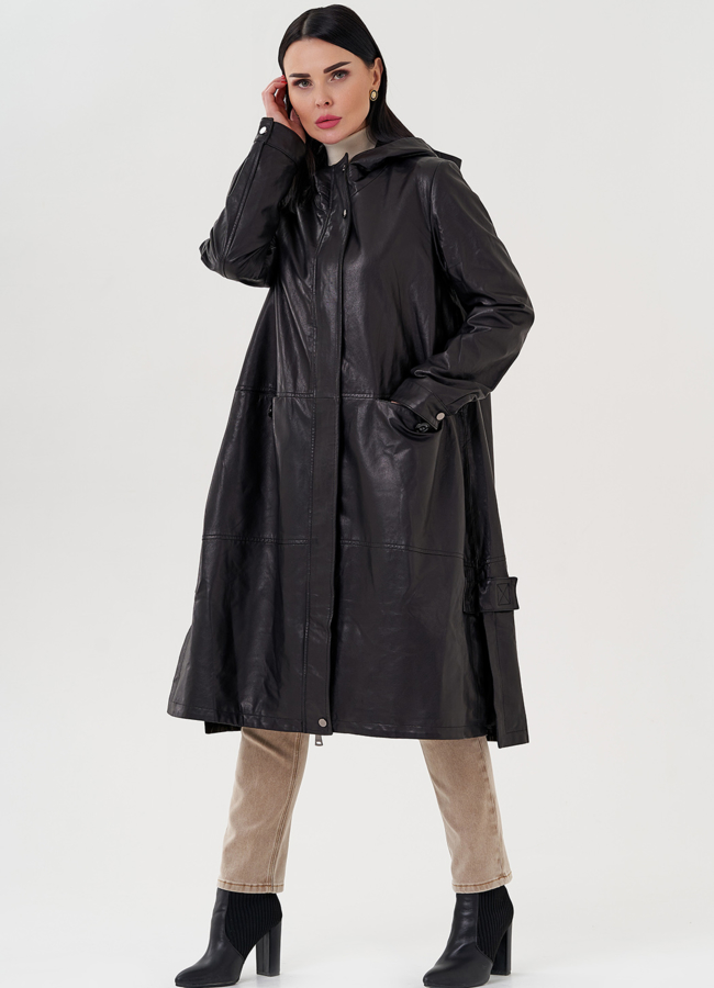 Длинный кожаный плащ с капюшоном модель № 24094 универмаг малина