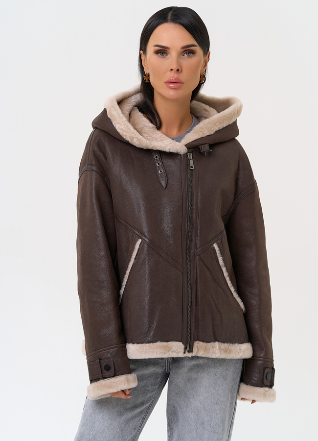 Натуральная дубленка с капюшоном модель № 31358 универмаг малина