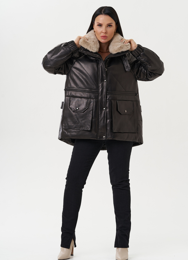 Пуховик из натуральной кожи с отделкой из меха кролика модель № 25381 универмаг малина