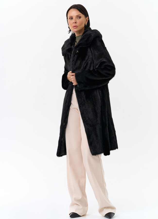 Норковая шуба с капюшоном и поясом черного цвета модель № 29529 универмаг малина