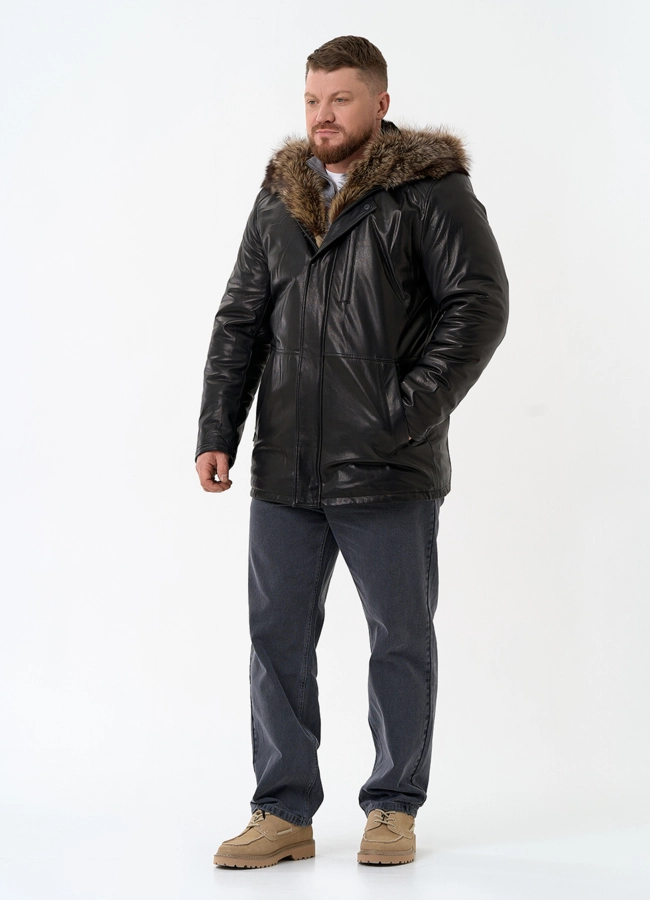 Мужская натуральная дубленка на волке с отделкой из меха енота модель № 26231 универмаг малина