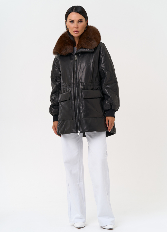 Полупальто из натуральной кожи с мехом песца модель № 76614 универмаг малина