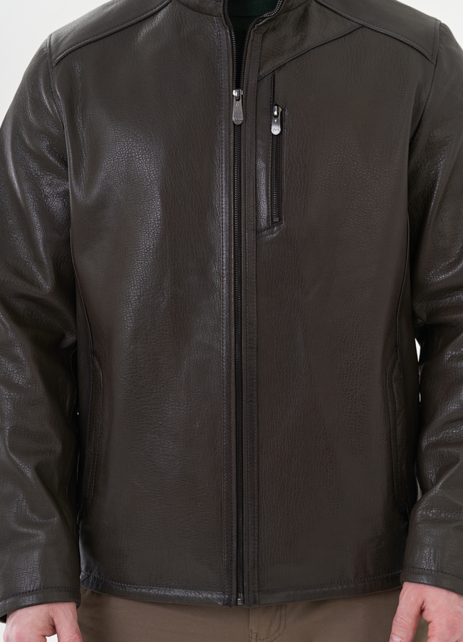 Мужская куртка из натуральной кожи в цвете хаки модель № 26824 универмаг малина