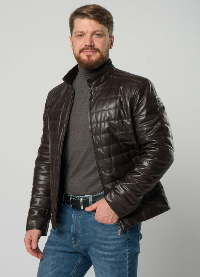 Мужская  утепленная куртка из натуральной кожи коричневого цвета модель № 20551 меха малина