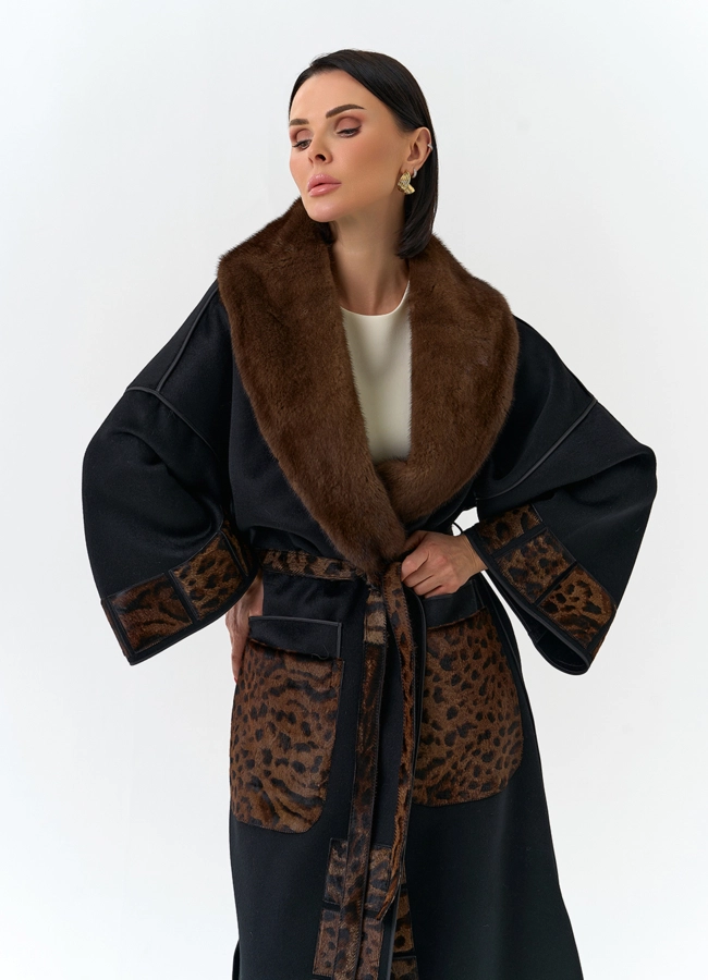 Женское длинное пальто с воротником из меха норки модель № 32647 универмаг малина