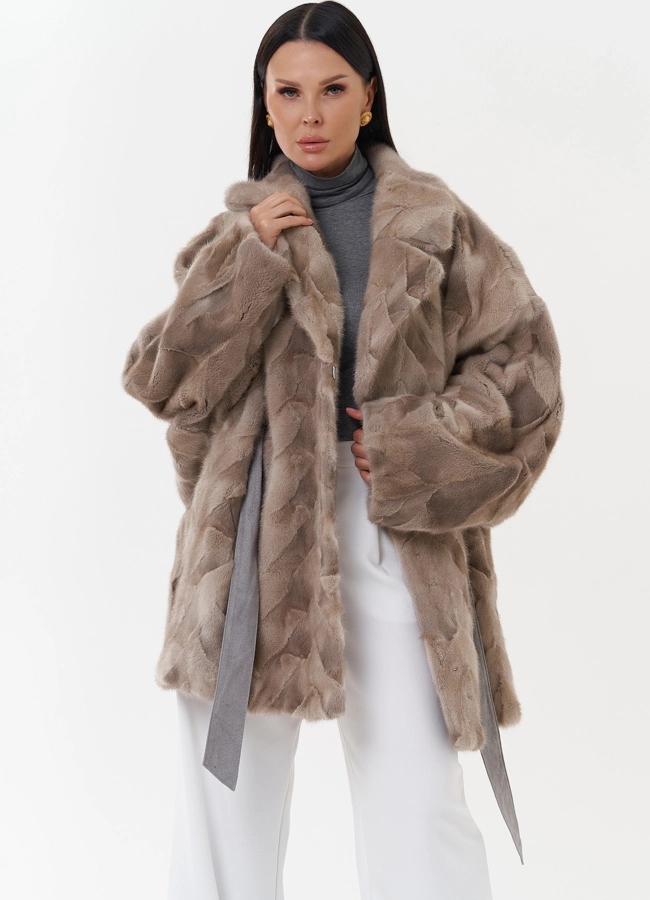 Шуба из меха скандинавской норки с поясом модель № 27626 универмаг малина фото